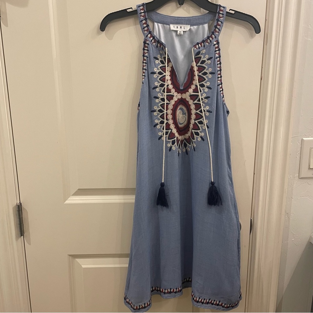 THML Blue Halter V Neck Embroidered
Lined Sleeveless Dress with tassels.…